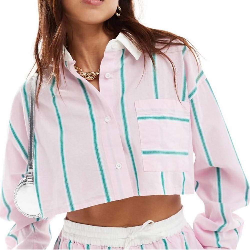 Striped Pink and Teal Cropped Button Down Crop Shirt